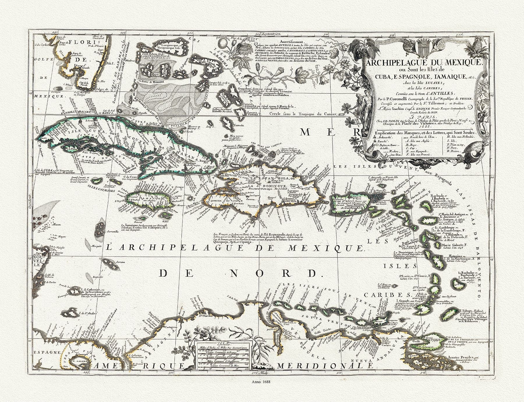 Middle Central America: Archipelague du Mexique ou sont les Isles de Cuba, Hispaniola, Jamaique, etc. Avec les Isles Lucayes, et les Isles Caribes, 1688, Nolin et al. auths. - The Map Chest