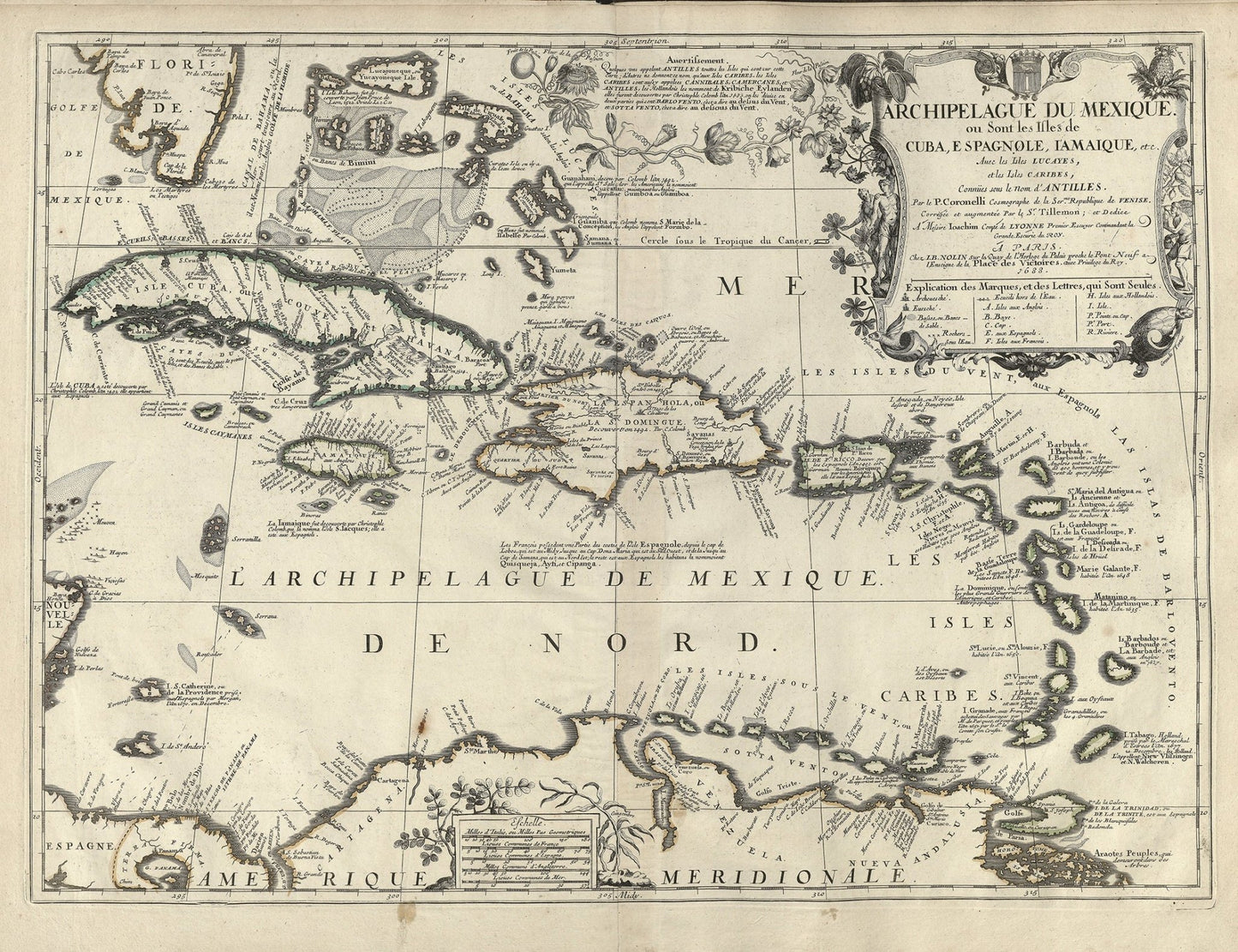 Middle Central America: Archipelague du Mexique ou sont les Isles de Cuba, Hispaniola, Jamaique, etc. Avec les Isles Lucayes, et les Isles Caribes, 1688, Nolin et al. auths. - The Map Chest
