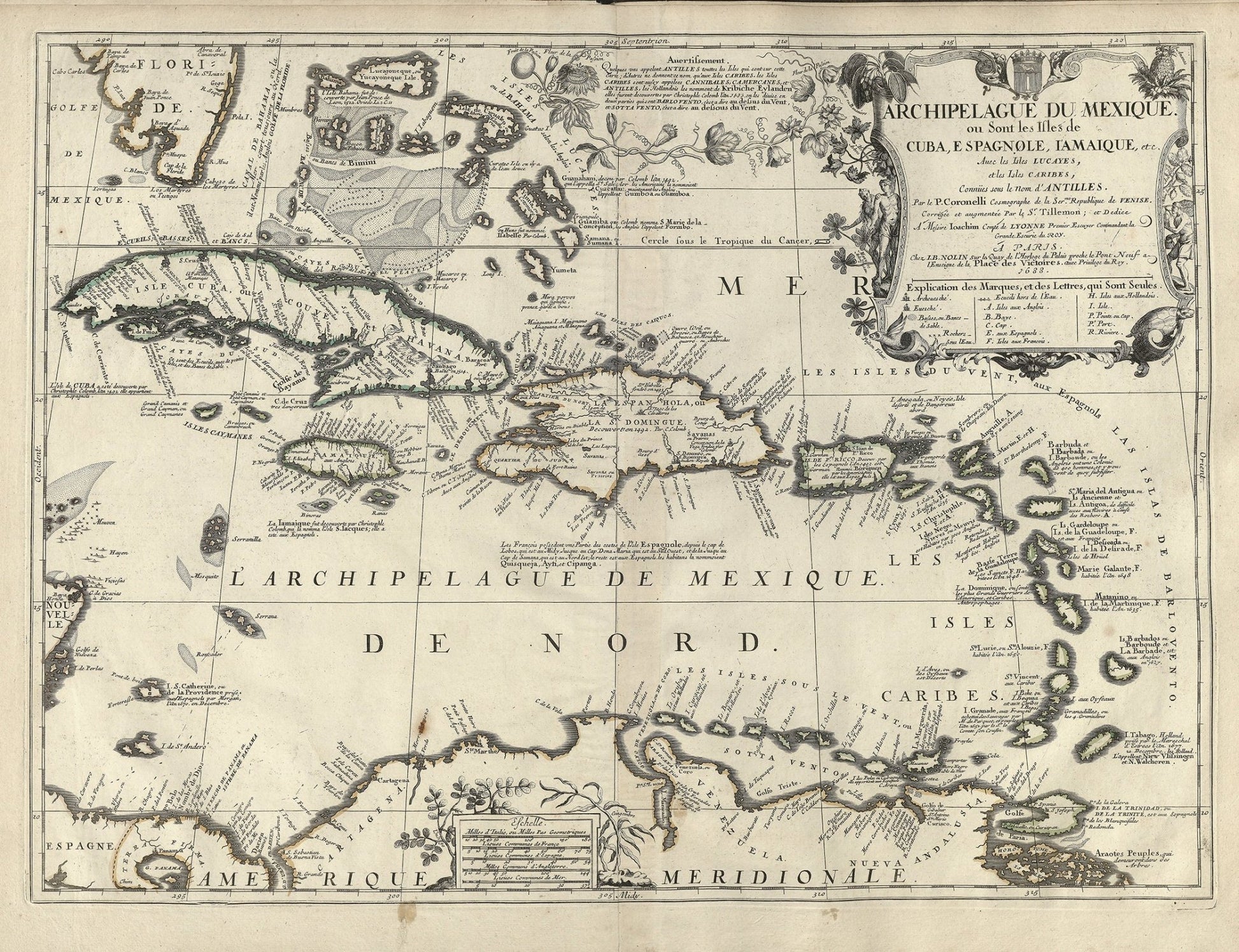 Middle Central America: Archipelague du Mexique ou sont les Isles de Cuba, Hispaniola, Jamaique, etc. Avec les Isles Lucayes, et les Isles Caribes, 1688, Nolin et al. auths. - The Map Chest