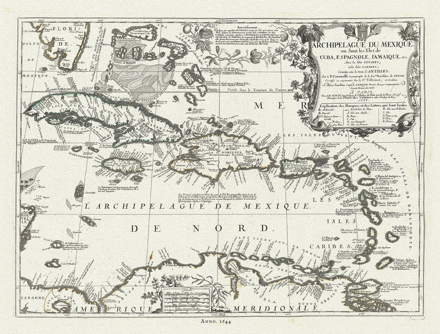 Middle Central America: Archipelague du Mexique ou sont les Isles de Cuba, Hispaniola, Jamaique, etc. Avec les Isles Lucayes, et les Isles Caribes, connües sous le nom d'Antilles.1644.Nolin - The Map Chest
