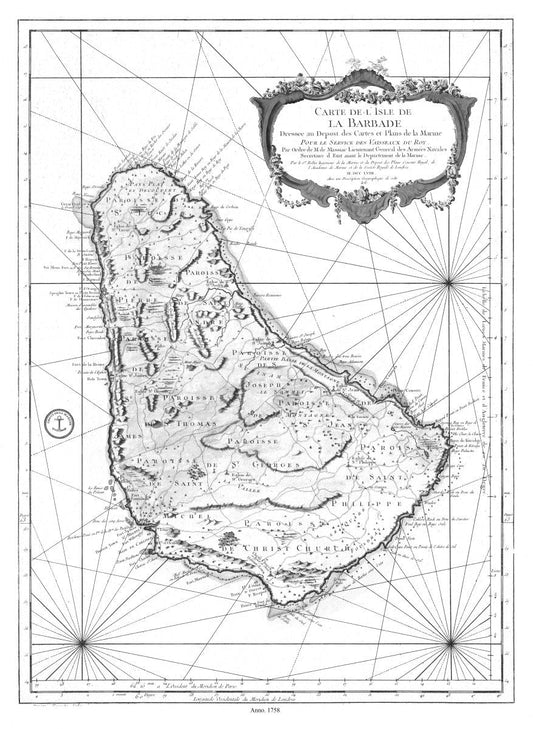 Middle Central America: Carte de l'Isle de La Barbade avec une description geographique de cette isle, 1758 Ver.BW - The Map Chest