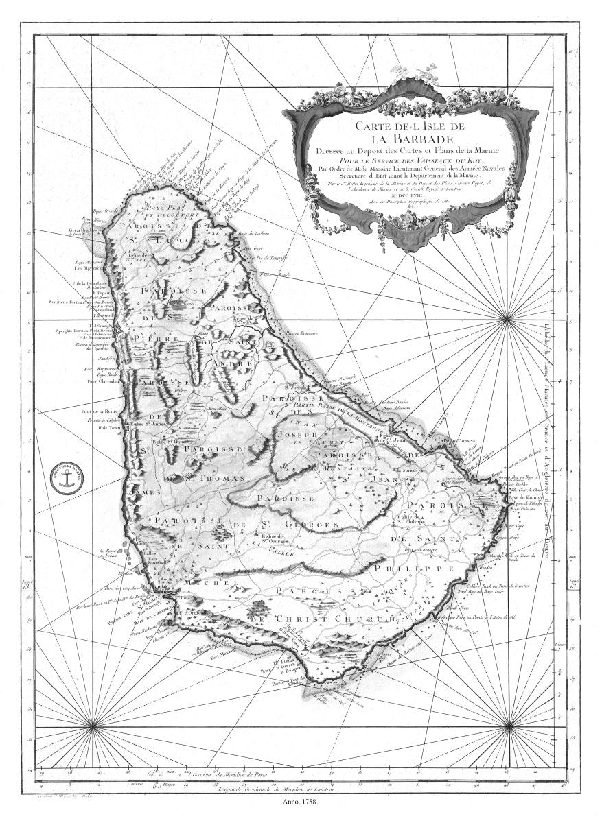 Middle Central America: Carte de l'Isle de La Barbade avec une description geographique de cette isle, 1758 Ver.BW - The Map Chest