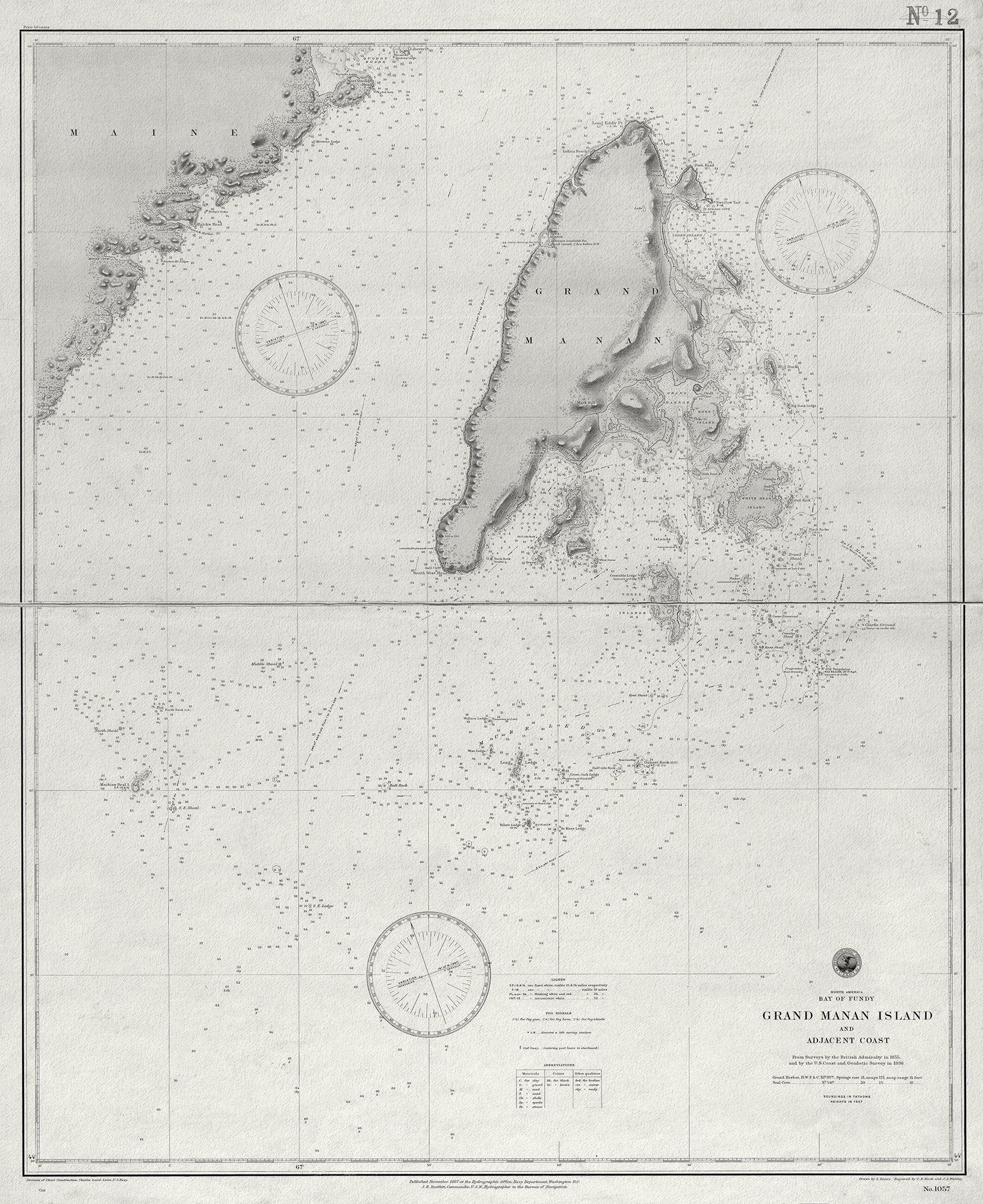 North America, Bay of Fundy, Grand Manan Island and adjacent coast from surveys by the British Admiralty in 1855 - The Map Chest