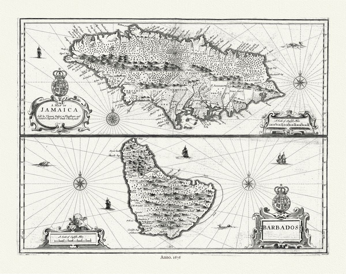 North America: Middle: Jamaica, Barbados,1676, Speed authore - The Map Chest