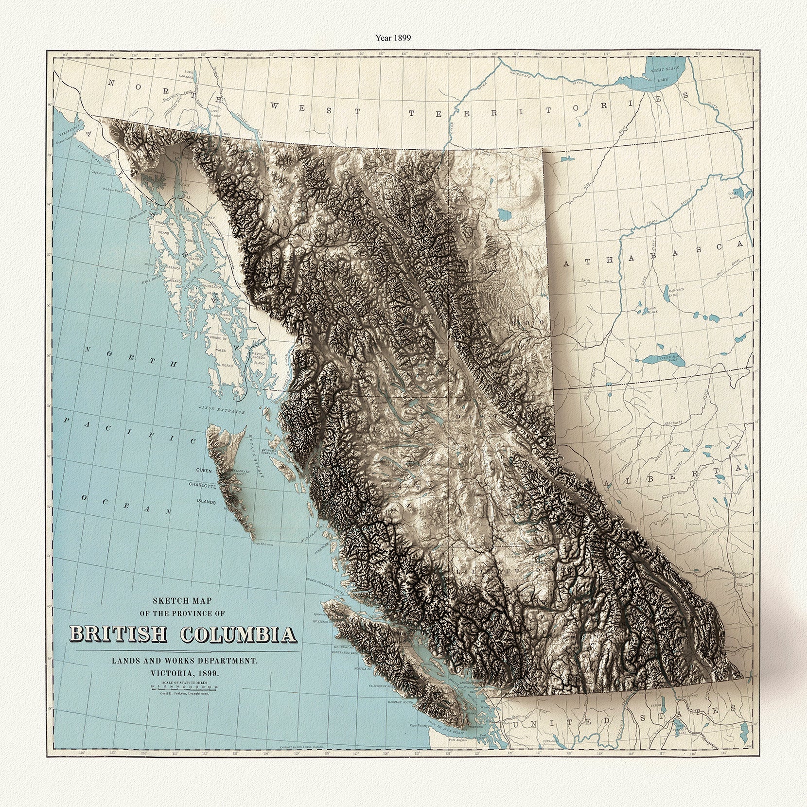 North and West Canada: A Sketch Map of British Columbia in High Relief - The Map Chest