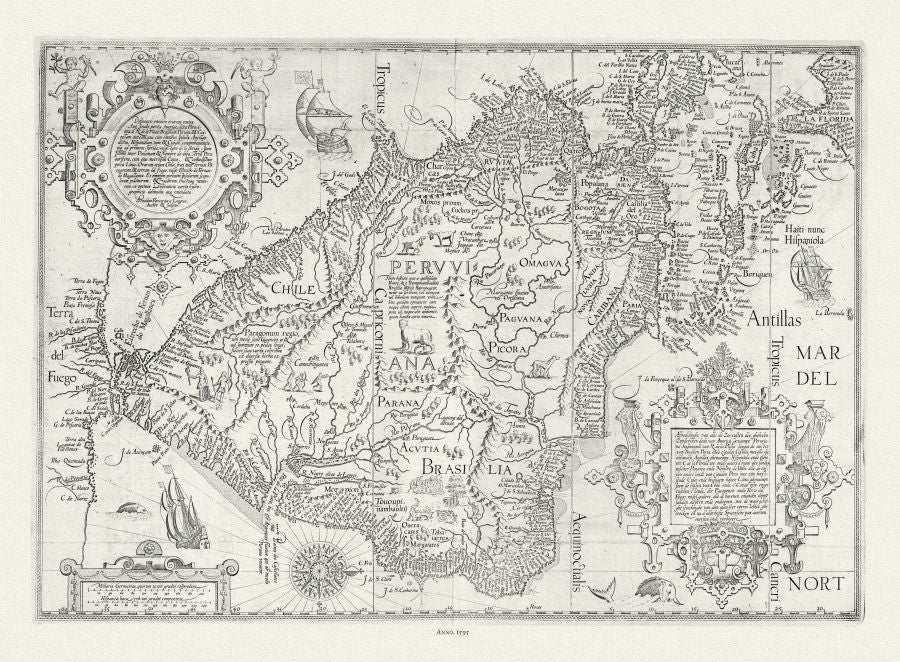 SOUTH AMERICA: Linschoten, South America and West Indies., Delineatio Omnium Orarum Totius Australis partis Americae, 1595 - The Map Chest