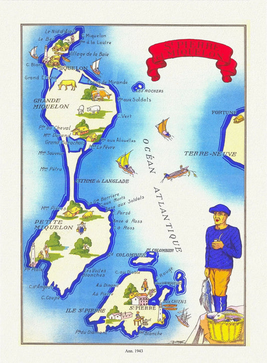 St Pierre et Miquelon, 1943, map on durable cotton canvas, 50 x 70 cm, 20 x 25" approx. - The Map Chest