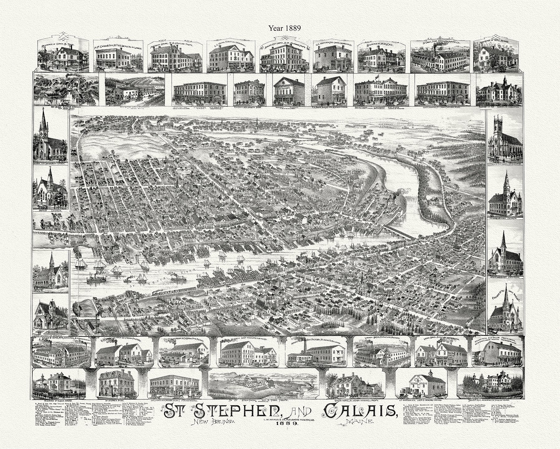 St. Stephen, New Brunswick and Calais, Maine, A Birdseye View, 1889 - The Map Chest