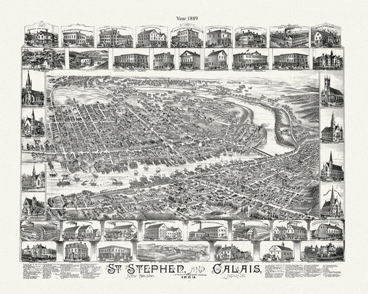 St. Stephen, New Brunswick and Calais, Maine, A Birdseye View, 1889 - The Map Chest