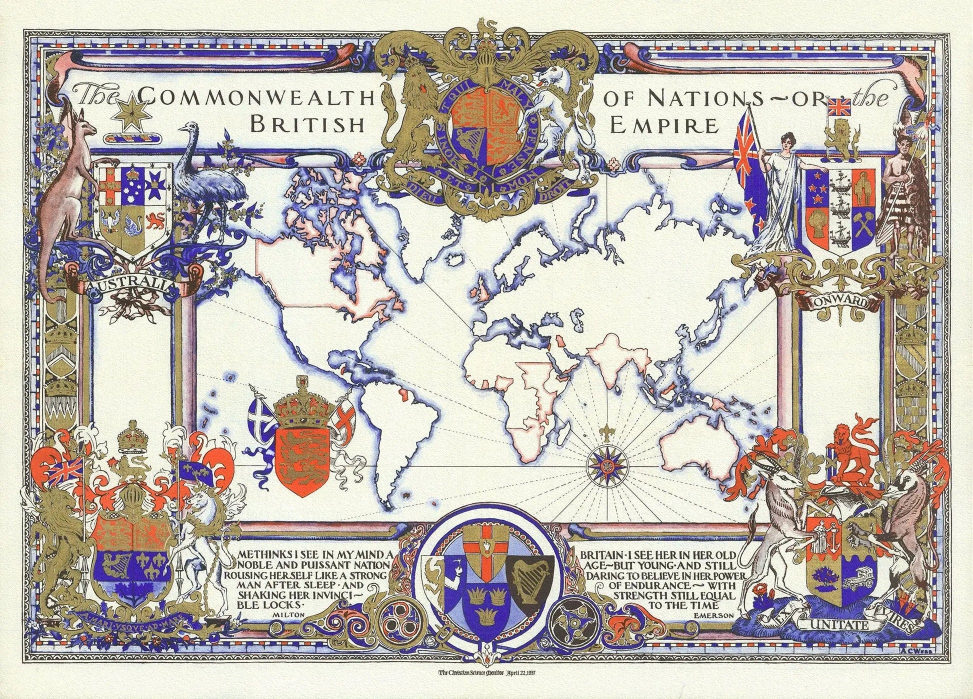 The Commonwealth of Nations ( or the British Empire ), 1937, on heavy cotton canvas, 22x27" approx. - The Map Chest