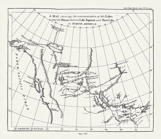 The communication of the lakes and the rivers between Lake Superior and Slave Lake in North America,1790, Pond auth.20x25" approx - The Map Chest