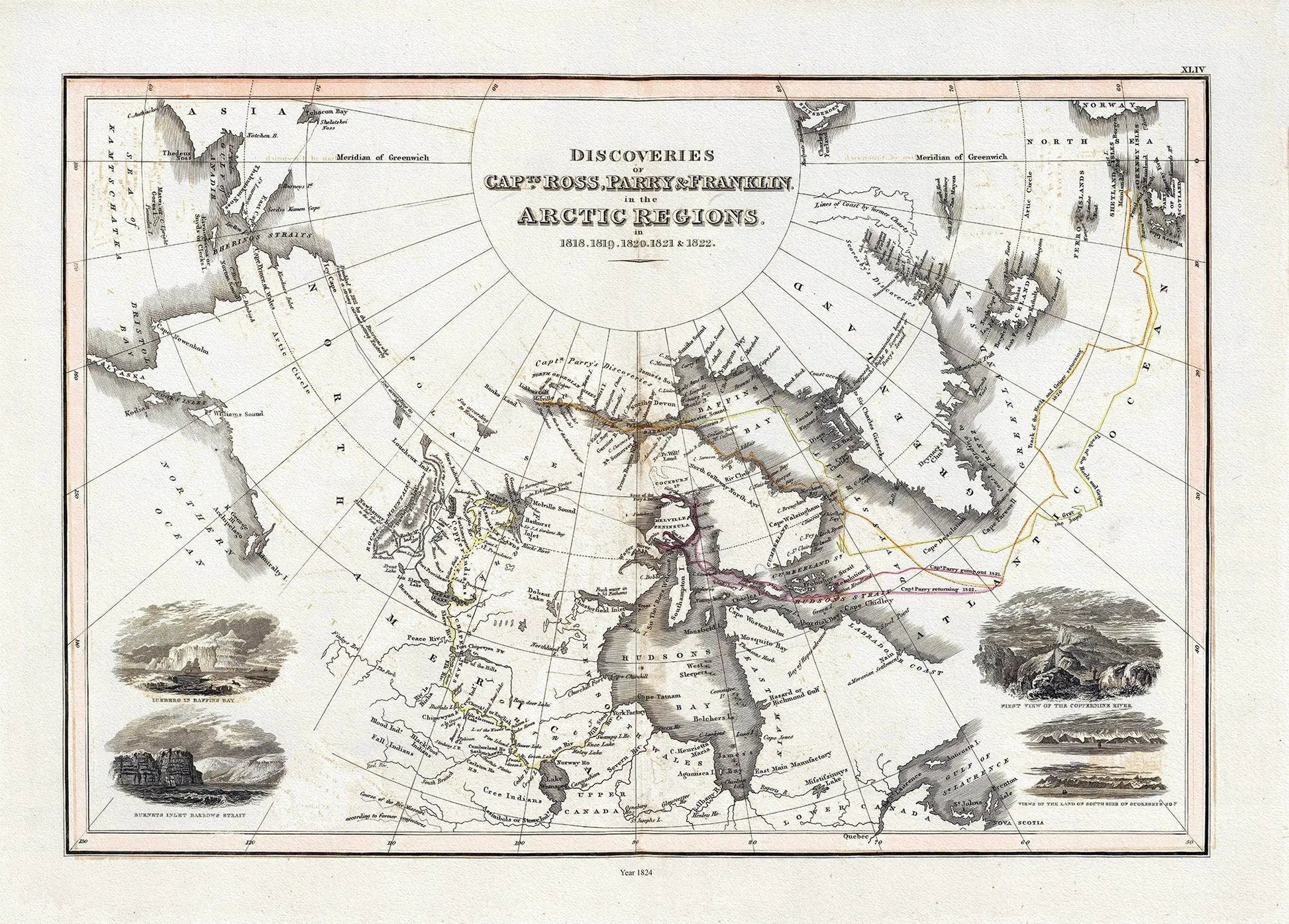 Thomson et Wyld, Discoveries Capts. Ross, Parry & Franklin in the Arctic Regions, 1824, map on heavy cotton canvas, 22x27" approx. - The Map Chest