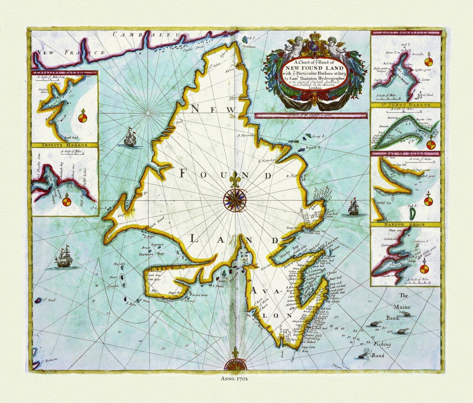 Thornton, A chart of NEW FOUND LAND with particular harbors atl arge, 1702 Ver. 1 - The Map Chest