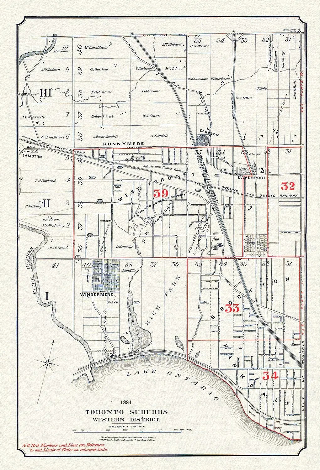 Toronto Suburbs, Western District, 1884, map on heavy cotton canvas, 20 x 30" or 50 x 75cm. approx. - The Map Chest