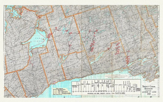 Trent Canal System Showing Location of Locks in 1929, map on heavy cotton canvas, 45 x 65 cm, 18 x 24" approx. - The Map Chest