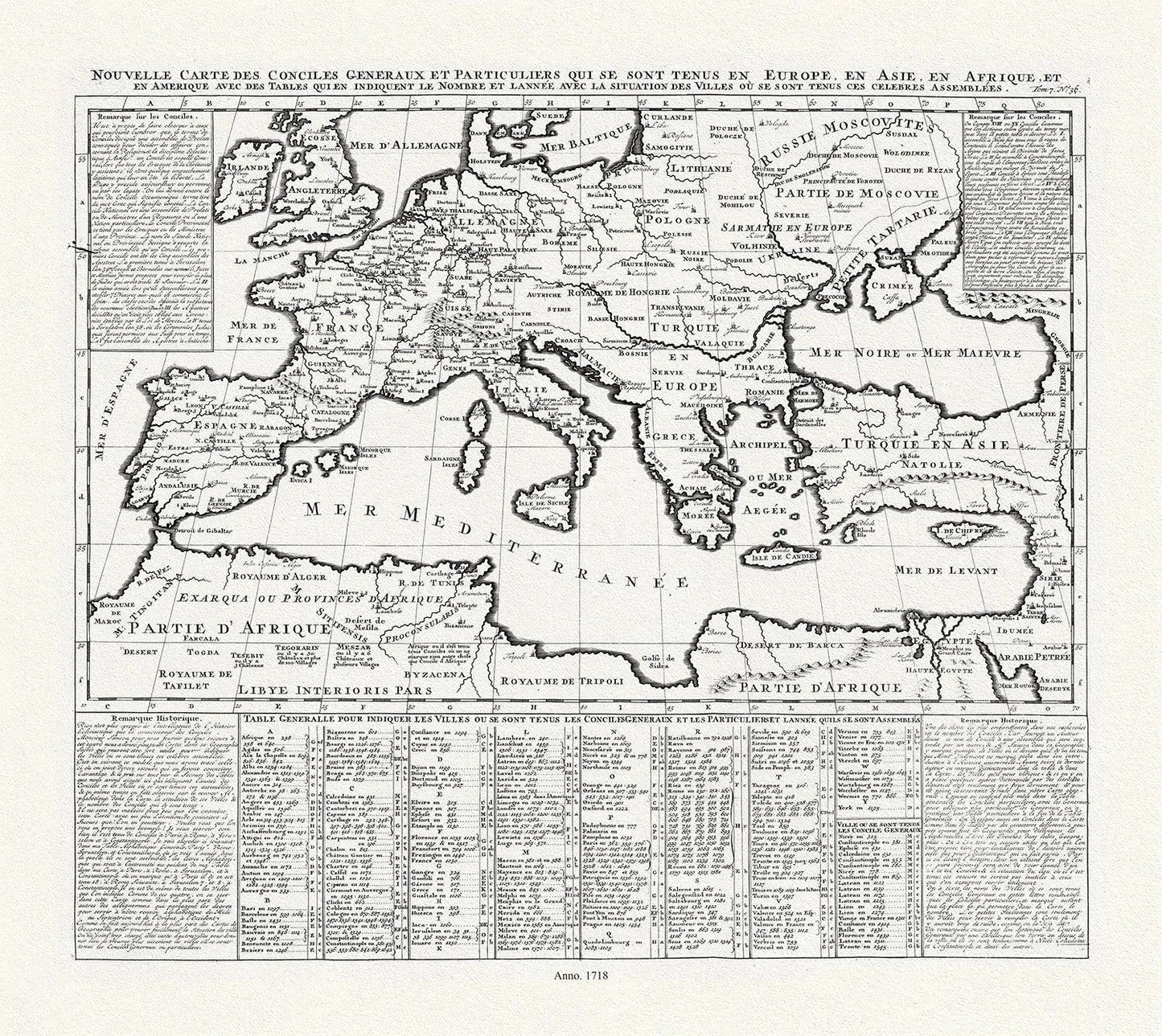 Un Nouvelle Carte des Conciles et Particuliers qui se sonr Tenus en Europe, en Asie, Afrique, 1718, on heavy cotton canvas 22x27approx. - The Map Chest