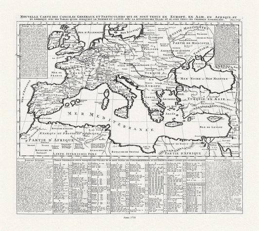 Un Nouvelle Carte des Conciles et Particuliers qui se sonr Tenus en Europe, en Asie, Afrique, 1718, on heavy cotton canvas 22x27approx. - The Map Chest