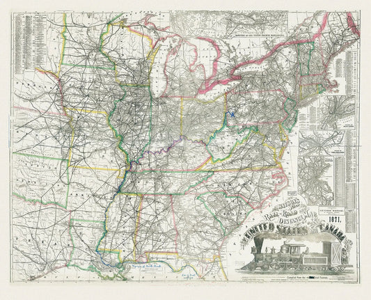 Watson's new rail - road and distance map of the United States and Canada, 1871, on heavy cotton canvas, 24x27" approx. - The Map Chest