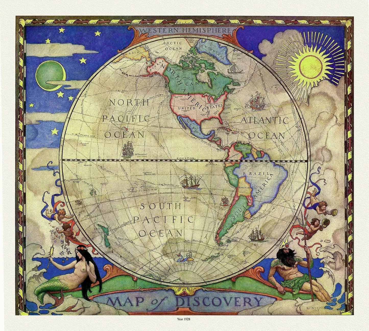 Western Hemisphere, A Map of Discovery, Wyeth auth., 1928, map on heavy cotton canvas, 50 x 70 cm, 20 x 25" approx. - The Map Chest