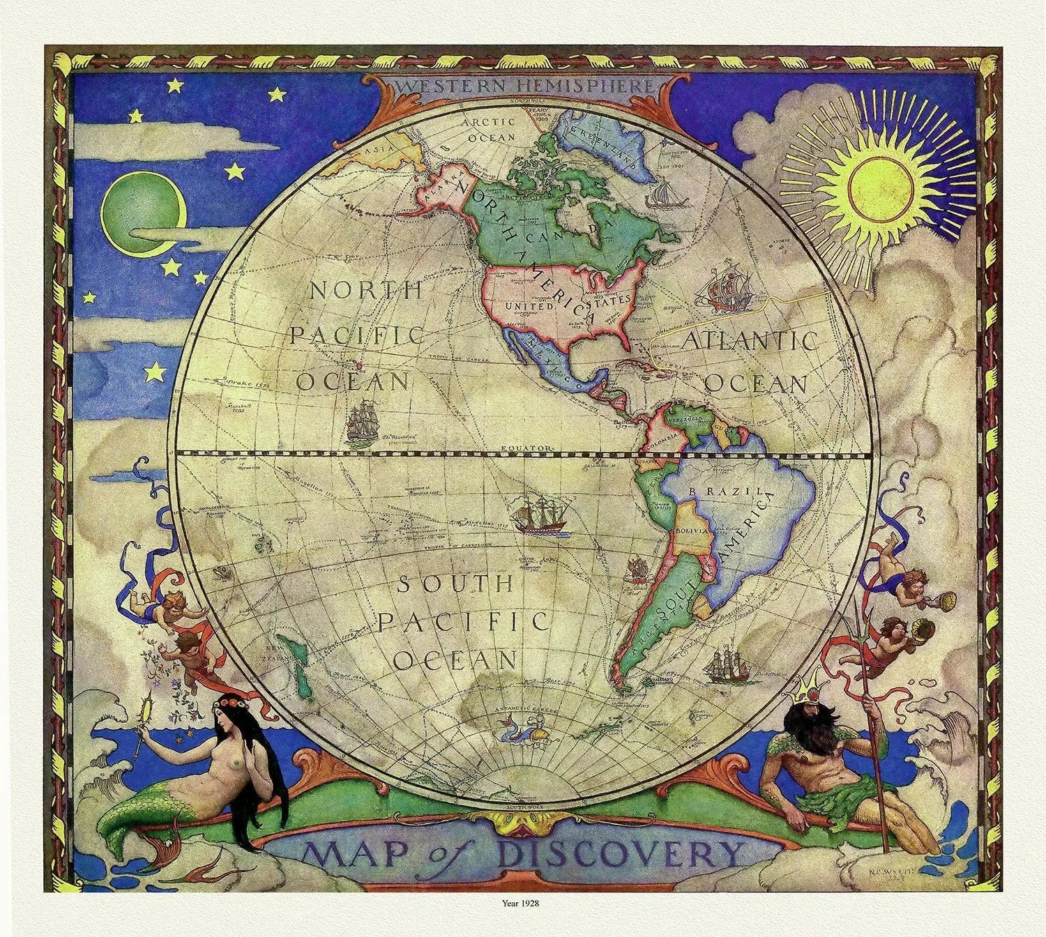 Western Hemisphere, A Map of Discovery, Wyeth auth., 1928, map on heavy cotton canvas, 50 x 70 cm, 20 x 25" approx. - The Map Chest
