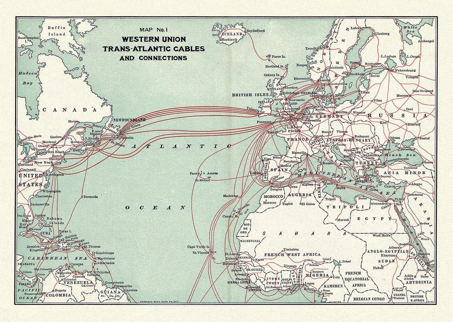 Western Union Trans - Atlantic cables, 1900, map on heavy cotton canvas, 50 x 70 cm (20x25") approx. - The Map Chest