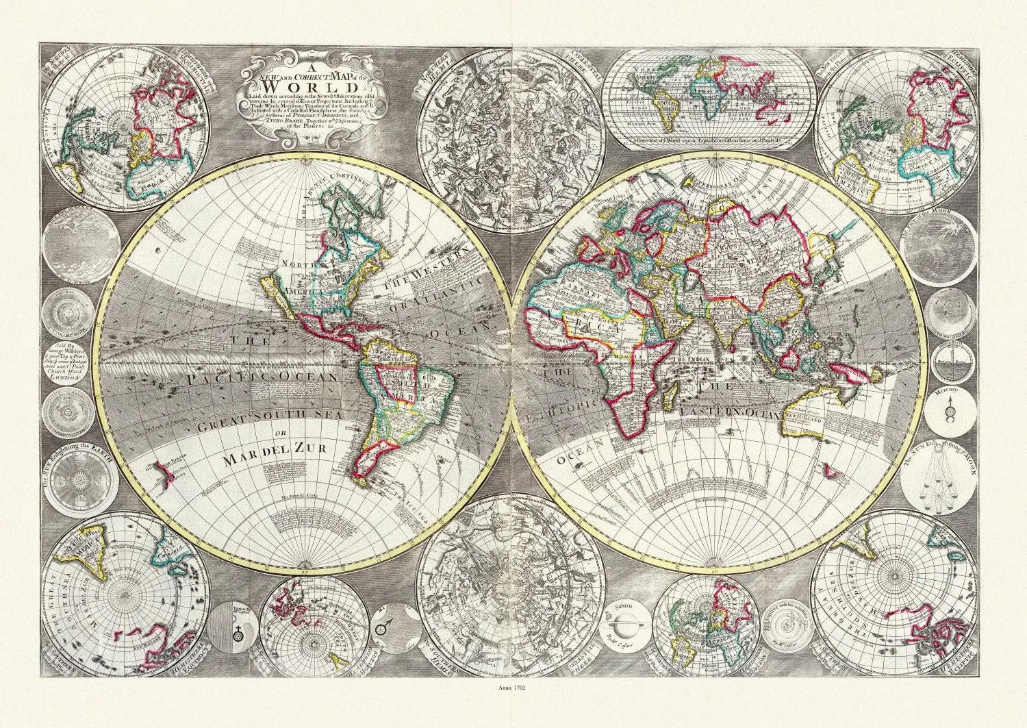 Willday, No. 1. A New and Correct Map of the World laid down according to the newest observations, 1702, Map on heavy cotton canvas, 22x27in - The Map Chest