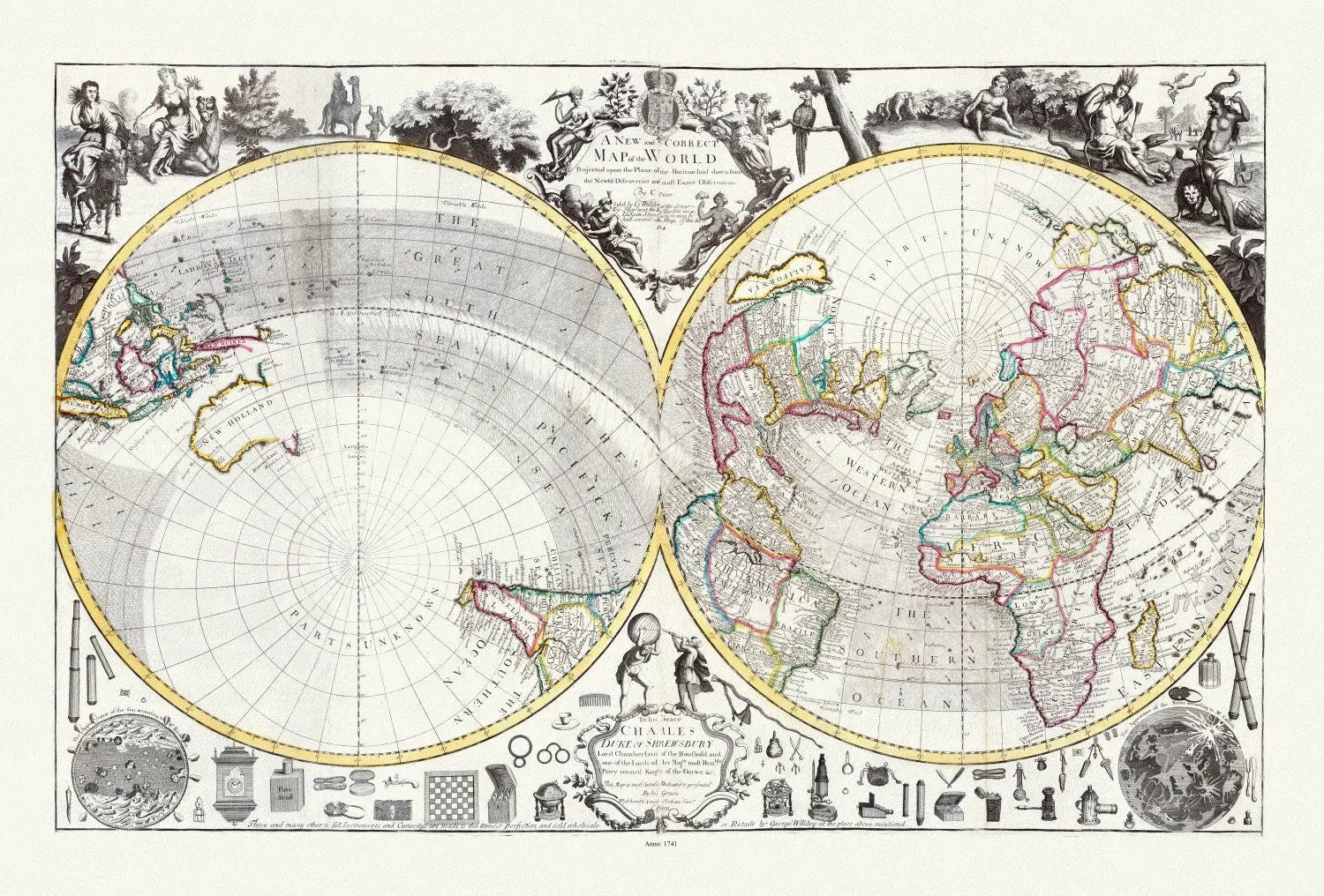 Willdey, No. 2. A New and Correct Map of the World Projected upon the Plane of the Horizon, 1714, Map on heavy cotton canvas, 22x27in. - The Map Chest