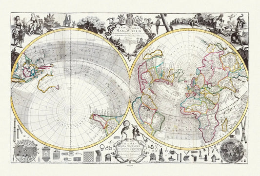 Willdey, No. 2. A New and Correct Map of the World Projected upon the Plane of the Horizon, 1714, Map on heavy cotton canvas, 22x27in. - The Map Chest