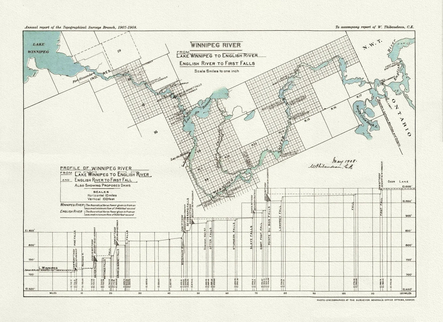 Winnipeg River from Lake Winnipeg to English River, English River to First Falls, 1908 , map on heavy cotton canvas, 22x27" approx. - The Map Chest