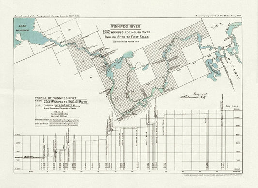 Winnipeg River from Lake Winnipeg to English River, English River to First Falls, 1908 , map on heavy cotton canvas, 22x27" approx. - The Map Chest