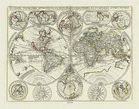 World Map: Le Globe Terrestre represente en deux plans - hemispheres, 1699, Nolin et al. auths. - The Map Chest