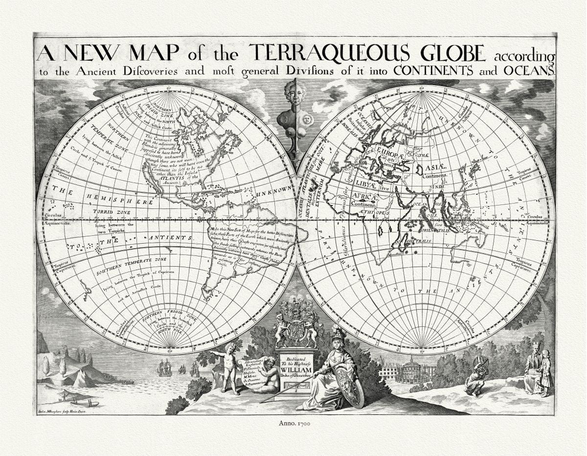 World Maps: Globe, Terraqueous, with Ancient Discoveries, 1700, Wells auth. - The Map Chest