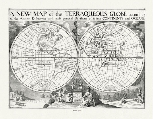 World Maps: Globe, Terraqueous, with Ancient Discoveries, 1700, Wells auth. - The Map Chest