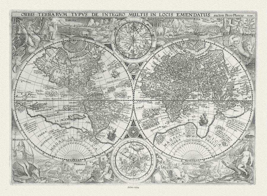 WORLD MAPS: Linschoten, Orbis Terrarum Typus de Integro Multis in Locis Emendatus. Carte Generale de Tout l'Unevers, 1594 - The Map Chest