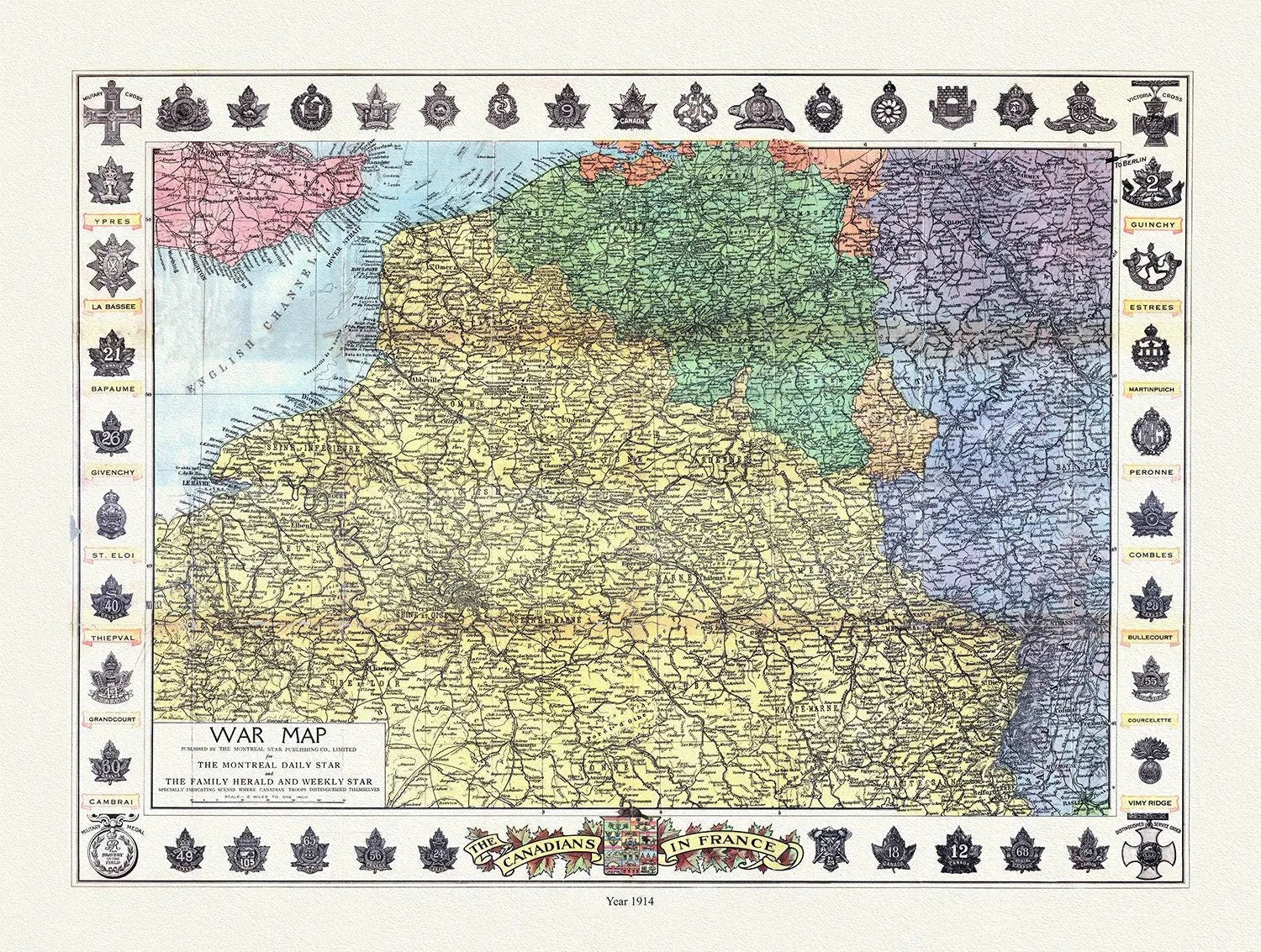World War I, Map specially indicating scenes where Canadian troops distinguished themselves, 1914, canvas, 20 x 30" or 50 x 75cm. approx. - The Map Chest