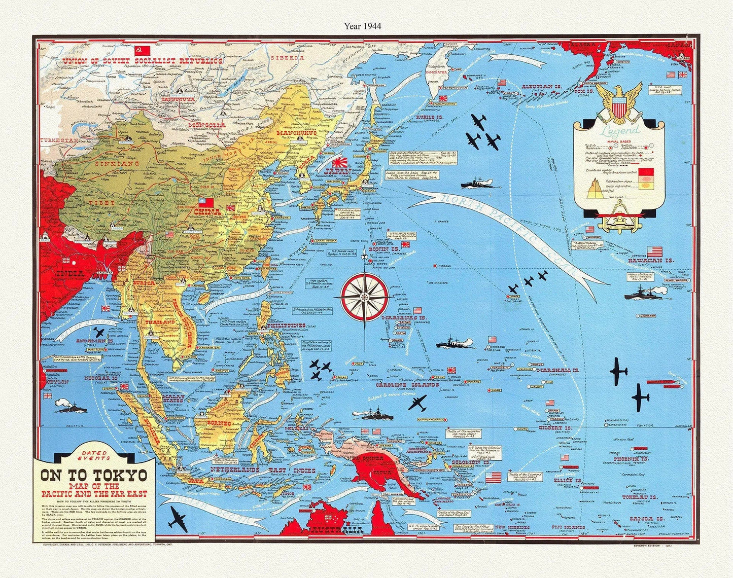 WW II, Dated Events, On To Tokyo, Map of the Pacific and the Far East, 1944, Turner auth., map on canvas, 50 x 70 cm, 20 x 25" approx. - The Map Chest