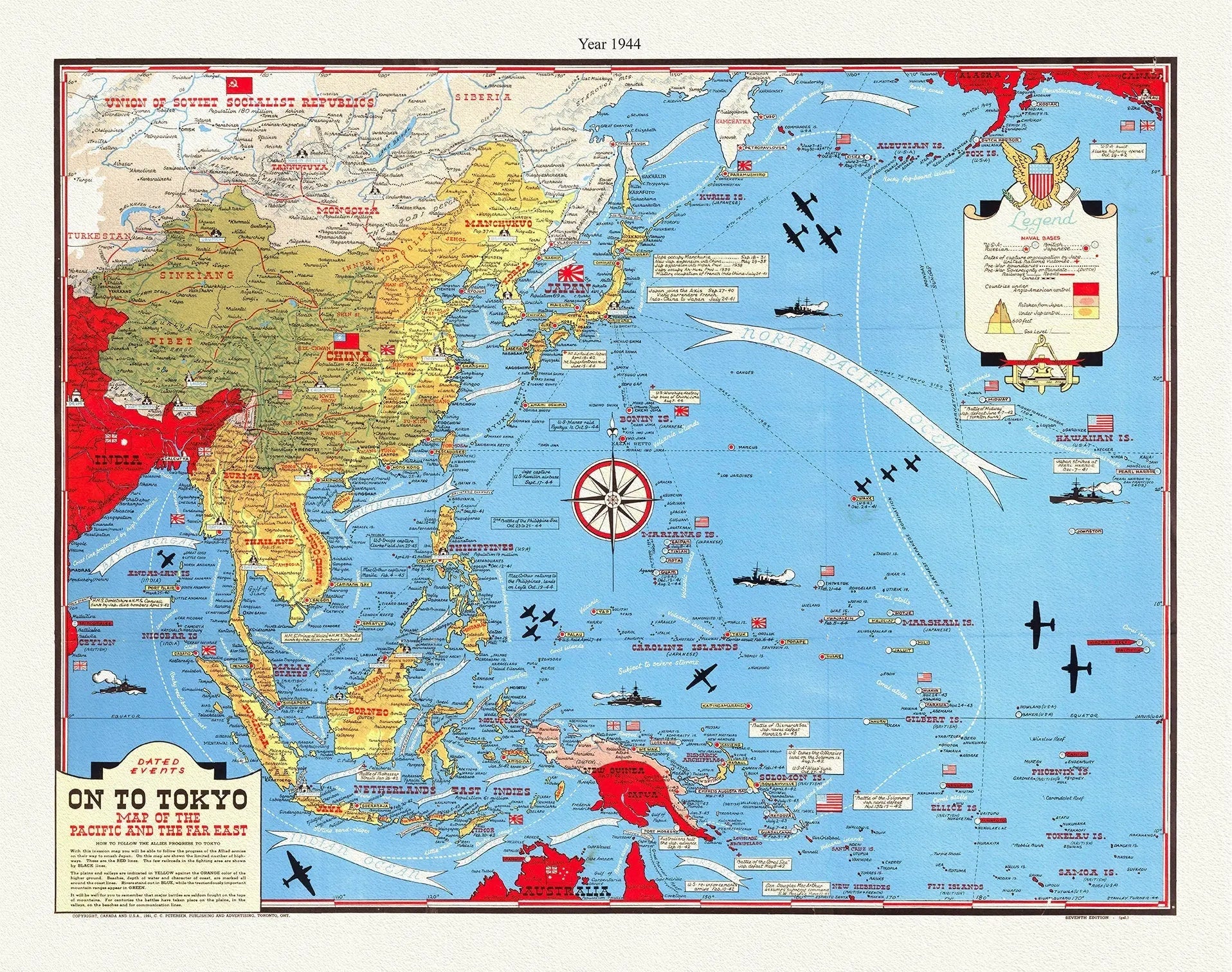 WW II, Dated Events, On To Tokyo, Map of the Pacific and the Far East, 1944, Turner auth., map on canvas, 50 x 70 cm, 20 x 25" approx. - The Map Chest