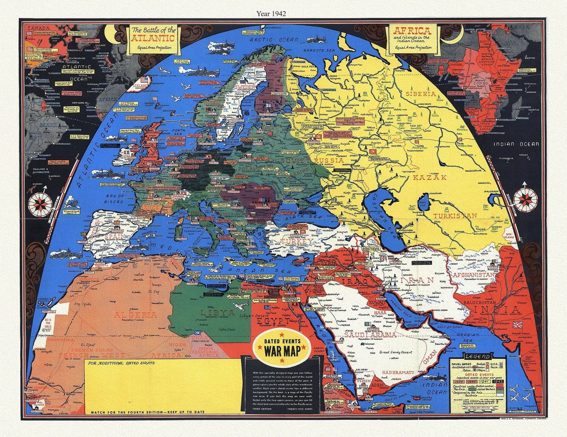 WW II, Dated events war map, 3rd ed.,1942 S. Turner auth. , map on durable cotton canvas, 50 x 70 cm, 20 x 25" approx. - The Map Chest