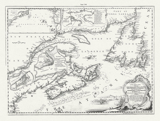 A new chart of the coast of New England, Nova Scotia, New France or Canada, with the islands of Newfoundland., Cape Breton, .Jefferys, 1746 - Image #1
