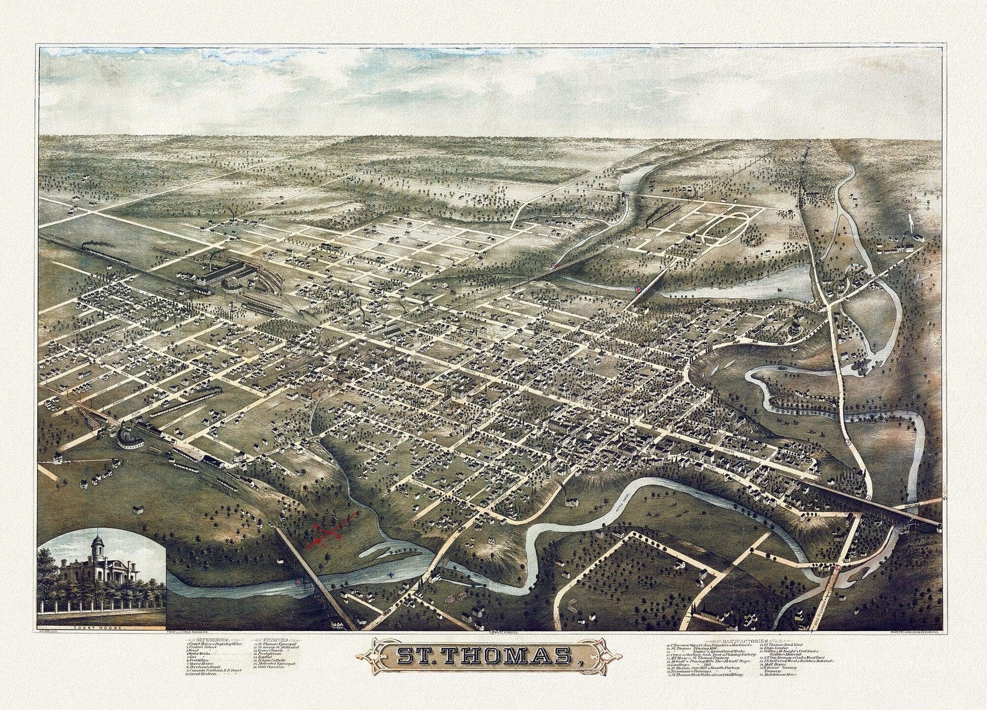A Birds eye View of St. Thomas, Ontario, 1896, on heavy cotton canvas, 22x27" approx. - Image #1