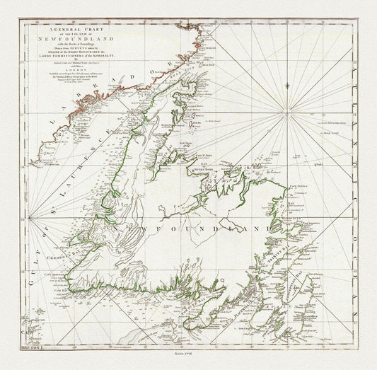 A General Chart Of The Island Of Newfoundland, 1776, Author: Jefferys, on heavy cotton canvas, 20x24" approx. - Image #1
