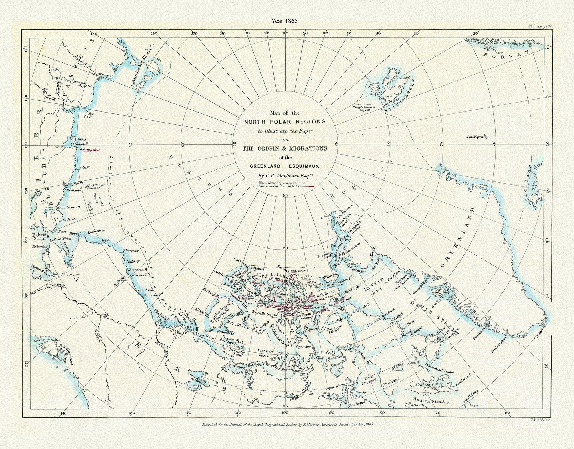 A Map of the north polar regions to illustrate the paper on the origin & migrations of the Greenland Esquimaux,1865 - The Map Chest