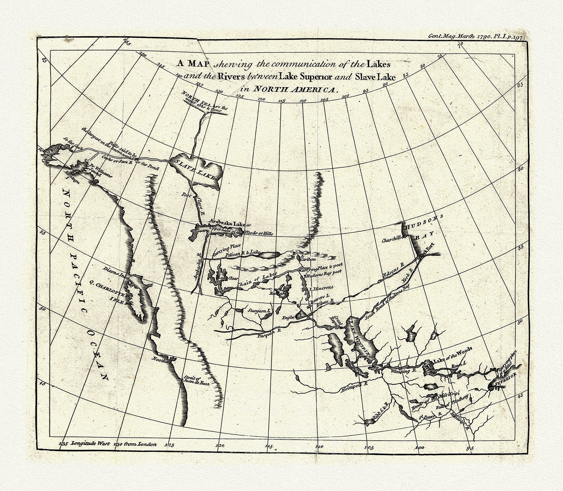 A map shewing the communication of the lakes and rivers between Lake Superior and Slave Lake in N. America, 1790, on canvas, 22x27" approx. - The Map Chest