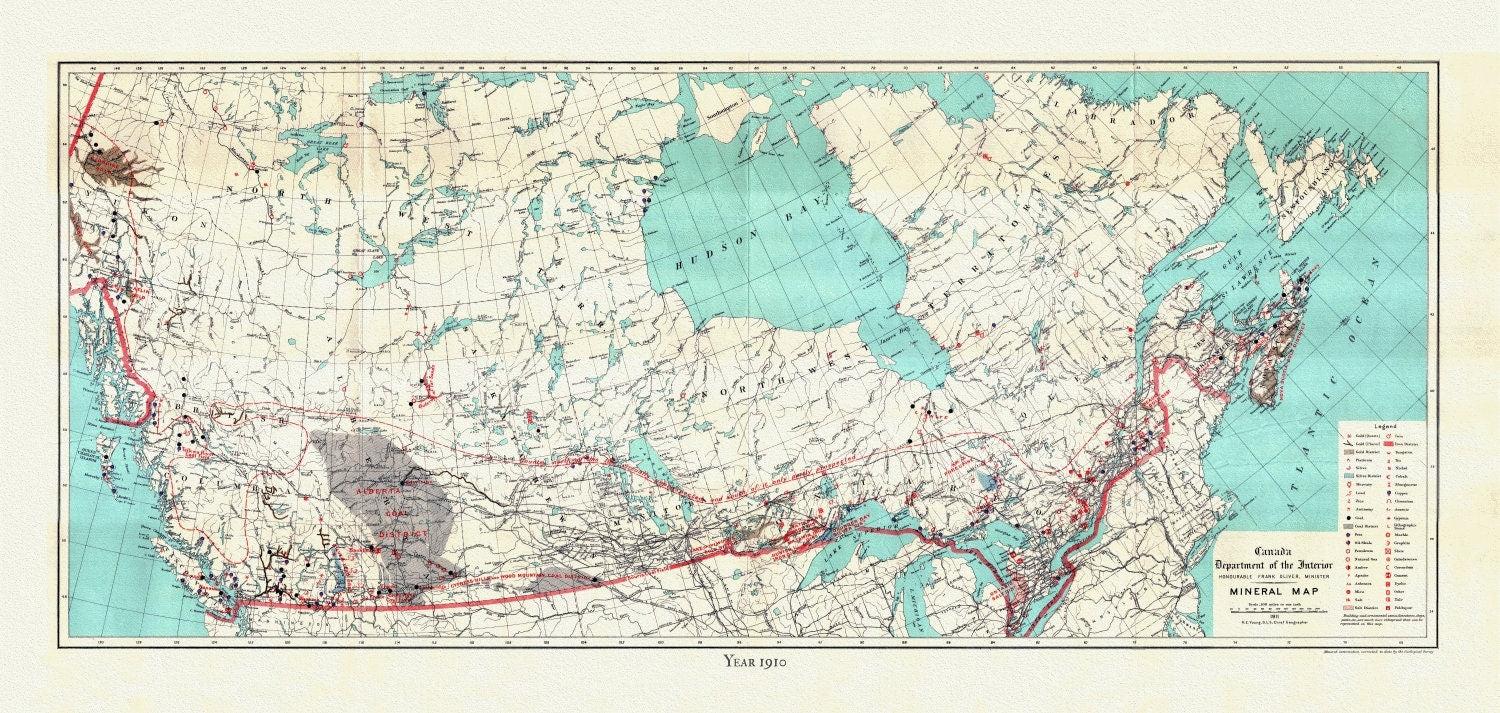 A Mineral Map of Canada, 1911, on heavy cotton canvas, 16x27" approx. - The Map Chest