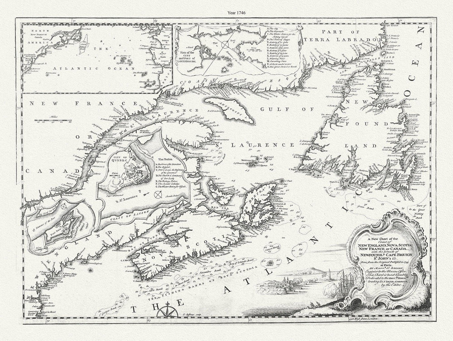 A new chart of the coast of New England, Nova Scotia, New France or Canada, with the islands of Newfoundland., Cape Breton, .Jefferys, 1746 - The Map Chest