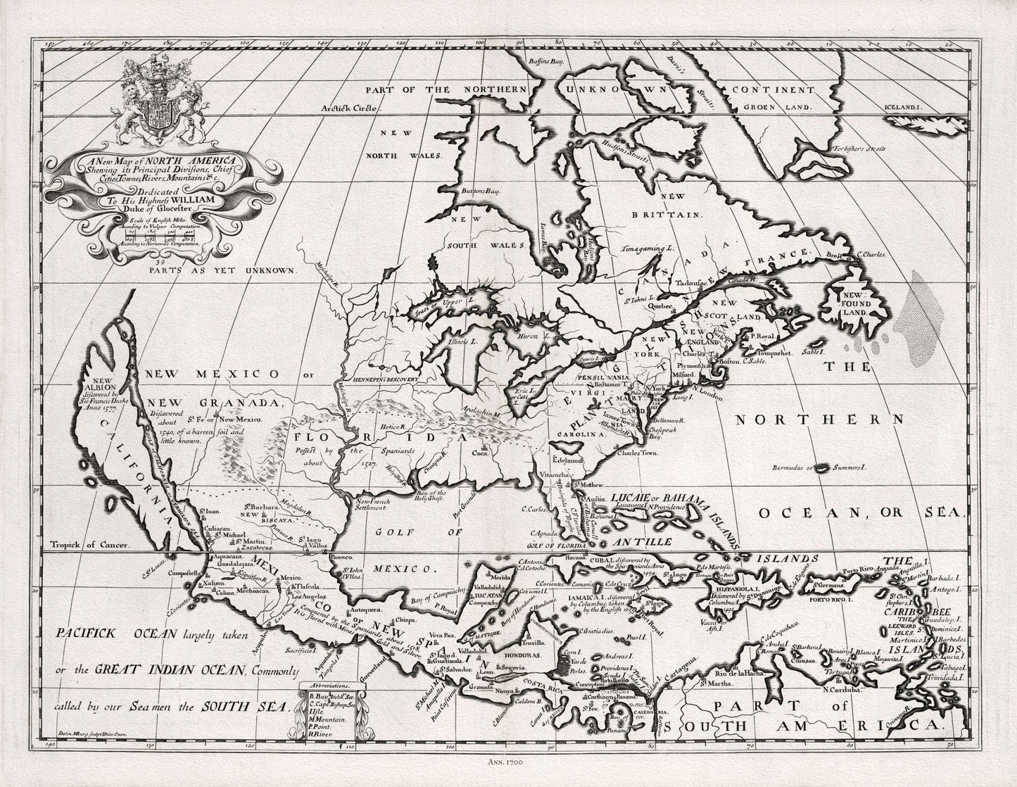 A New Map of North America, 1700, Wells auth., map on durable cotton canvas, 50 x 70 cm, 20 x 25" approx. - The Map Chest