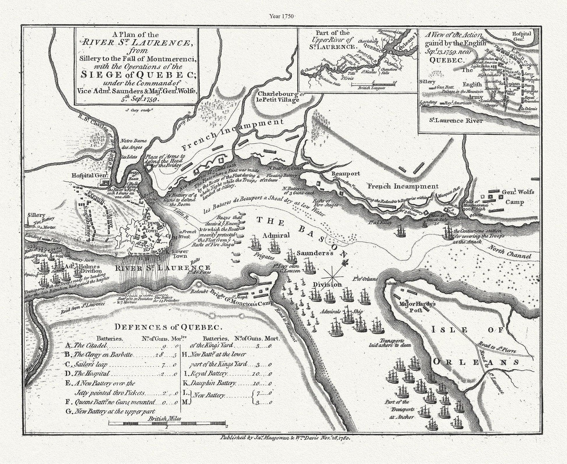 A plan of the River St. Laurence, from Sillery to Montmerenci Falls with the operations of the Siege of Quebec, 1759 - 1780,canvas, 22x27" - The Map Chest