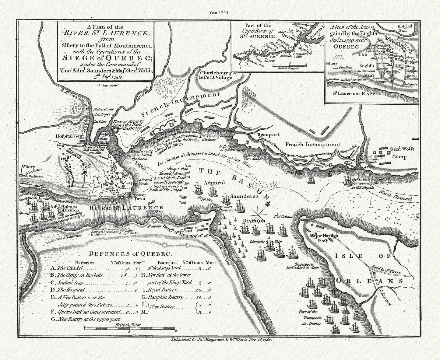 A plan of the River St. Laurence, from Sillery to Montmerenci Falls with the operations of the Siege of Quebec, 1759 - 1780,canvas, 22x27" - The Map Chest