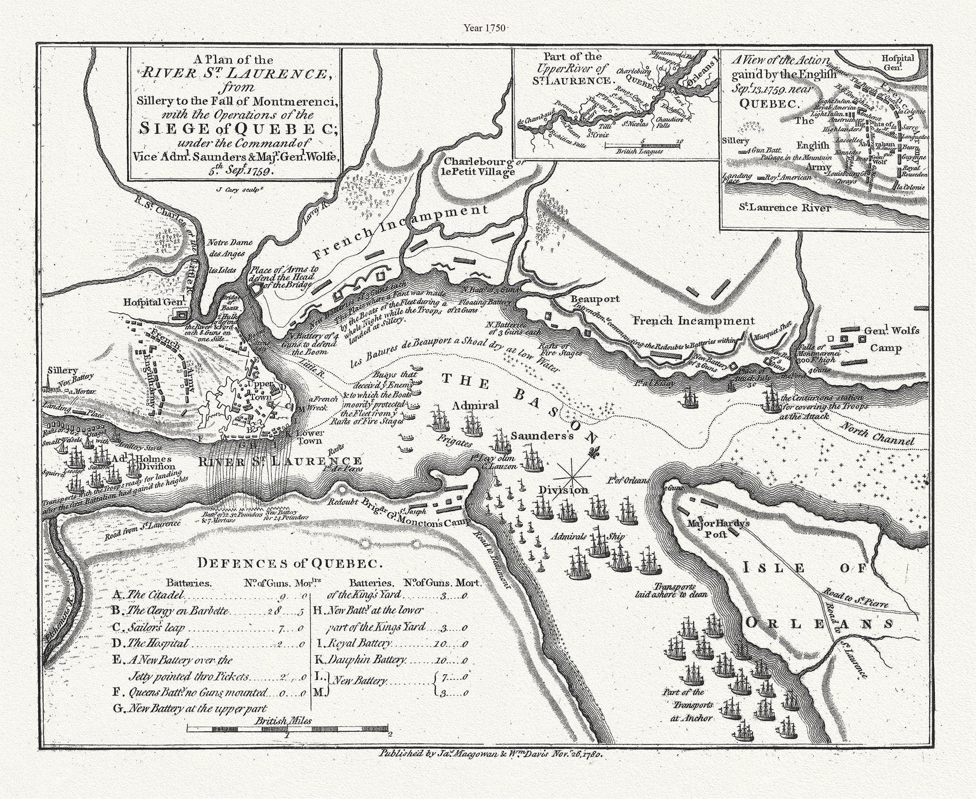 A plan of the River St. Laurence, from Sillery to Montmerenci Falls with the operations of the Siege of Quebec, 1759 - 1780,canvas, 22x27" - The Map Chest