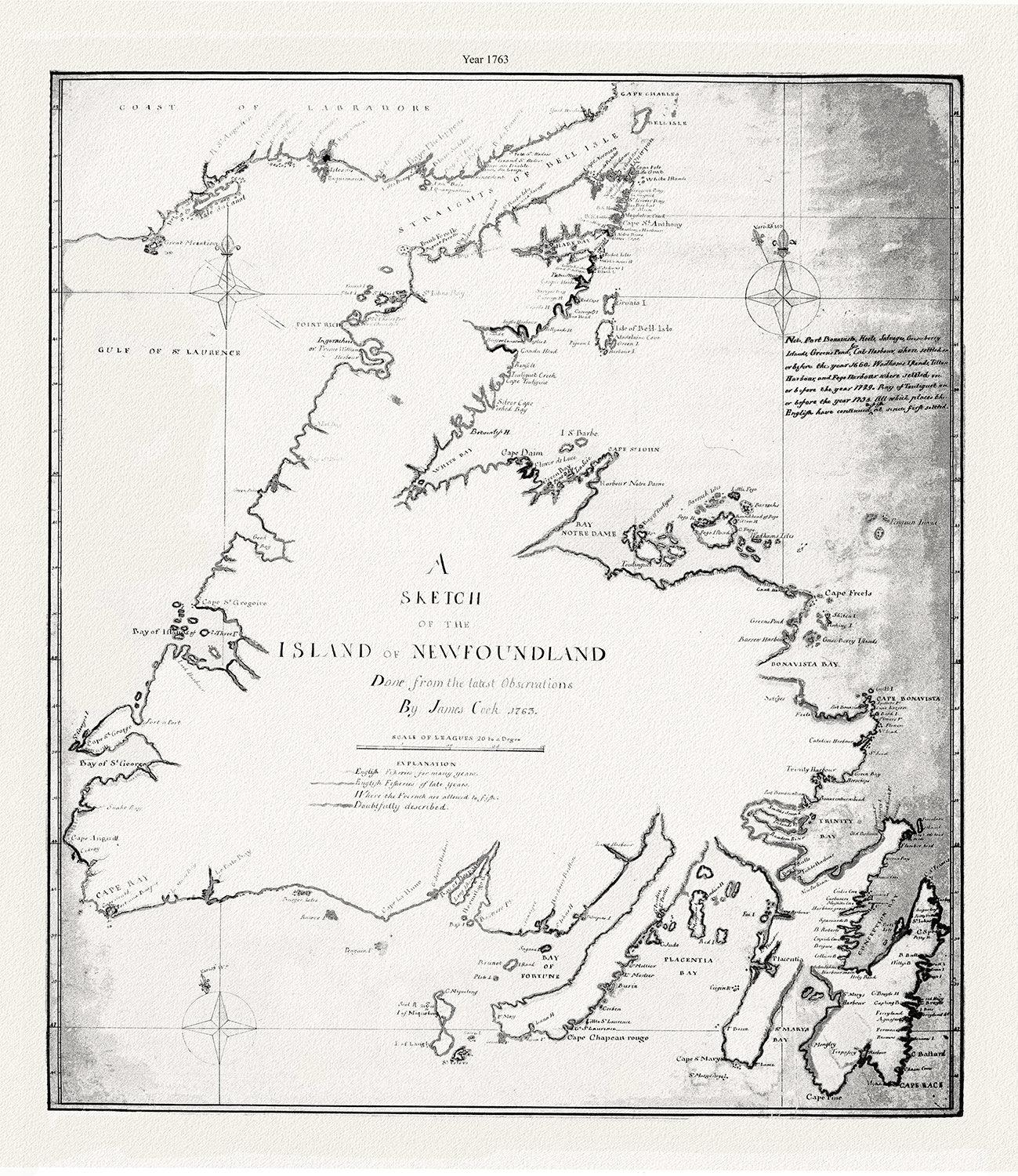 A sketch of the island of Newfoundland.Cook. 1763 , map on heavy cotton canvas, 45 x 65 cm, 18 x 24" approx. - The Map Chest